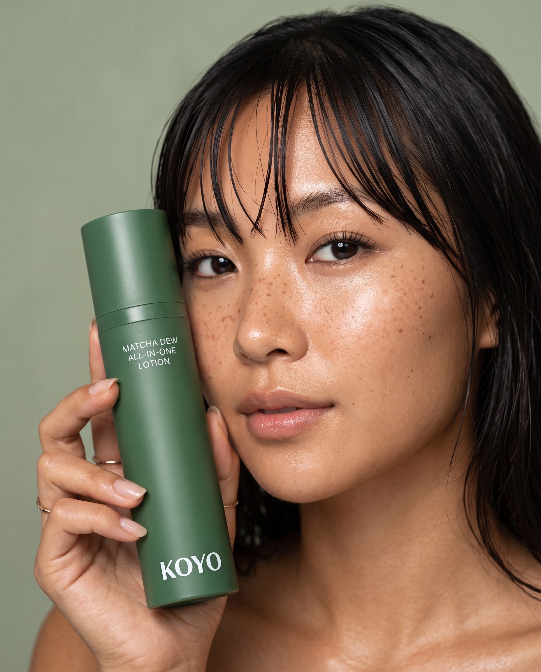 Freckled model holding a green KOYO matcha lotion bottle beside her face