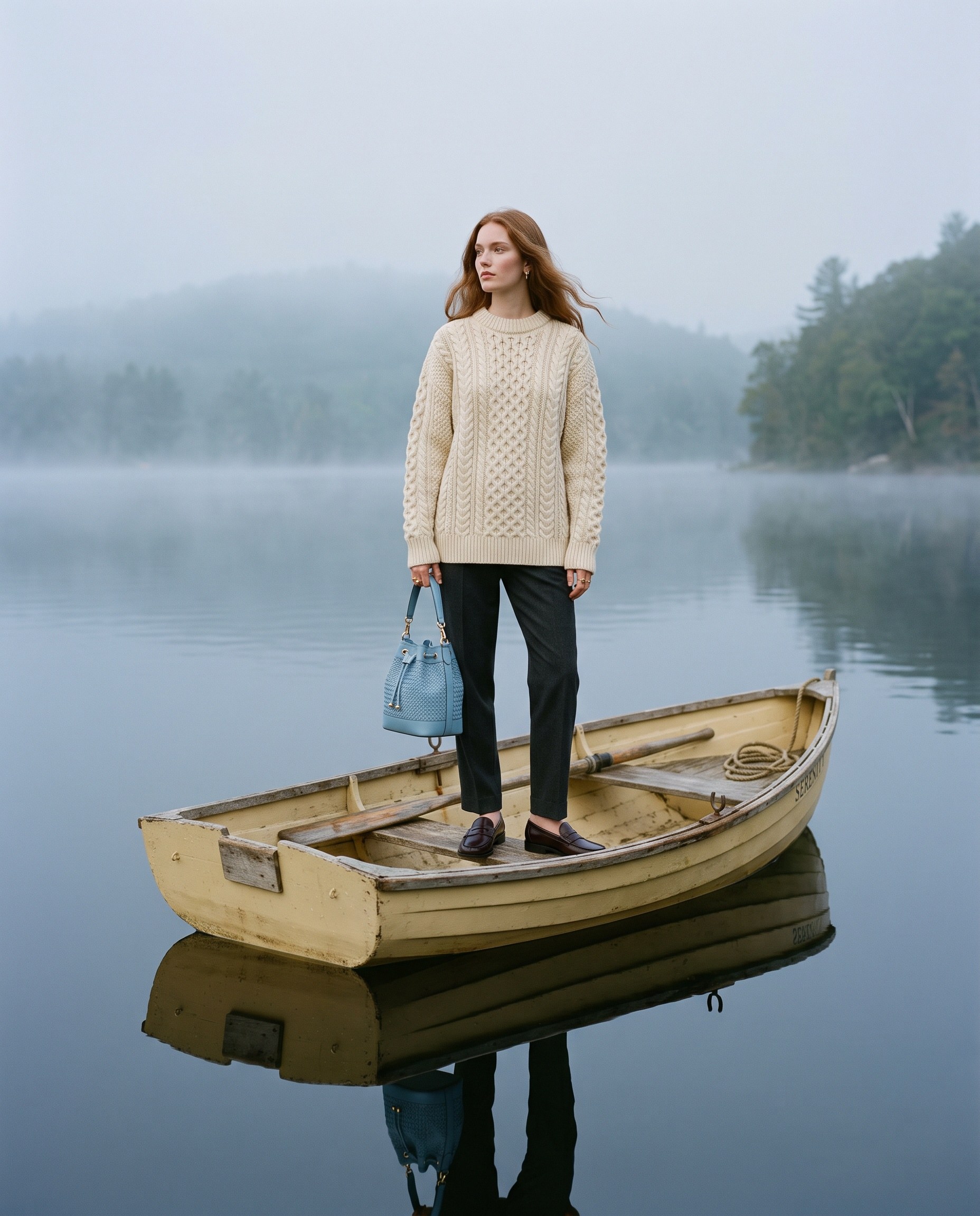 Model in a cream cable-knit standing on a pale rowboat on misty water