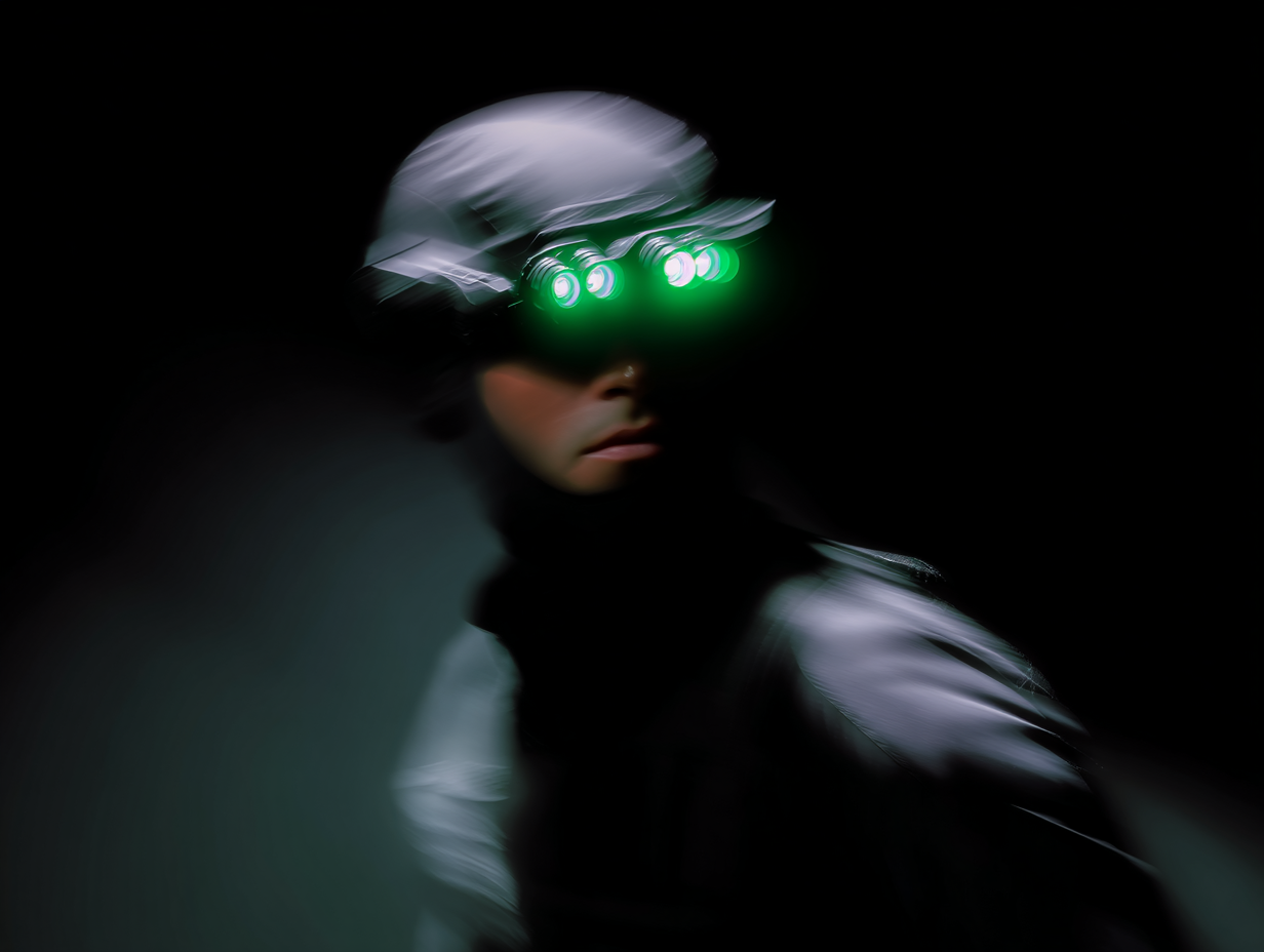 Motion-blurred night portrait lit with glowing green goggles