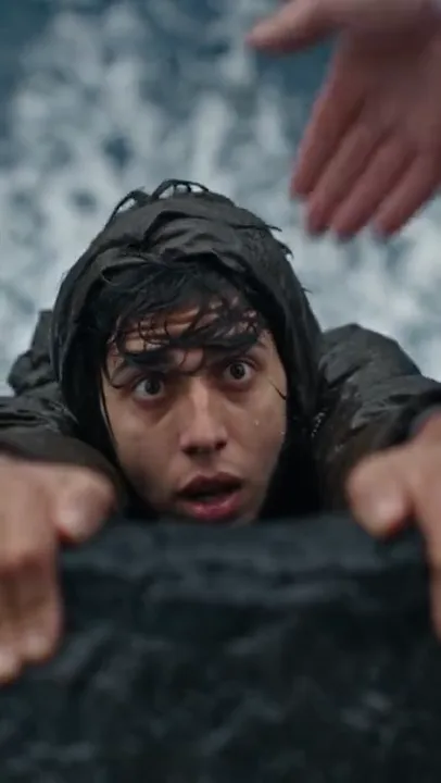 Man in a black puffer jacket looking up as hands reach down toward him
