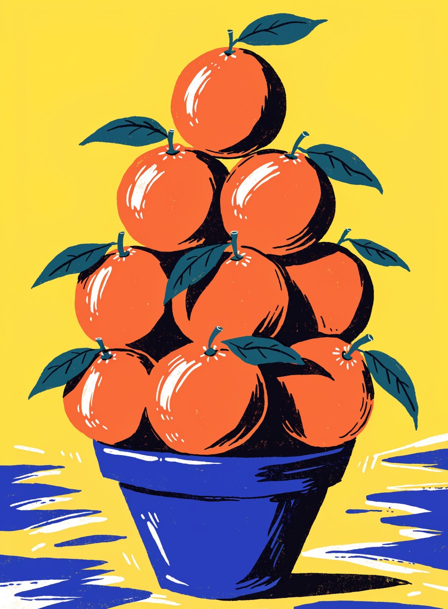 Flat illustration of oranges stacked in a blue pot on yellow
