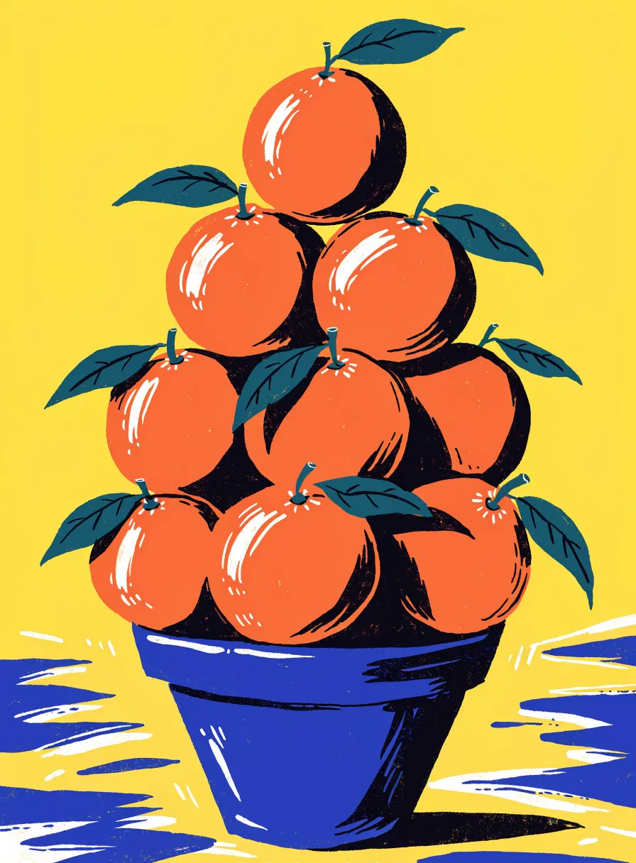 Flat illustration of oranges stacked in a blue pot on yellow