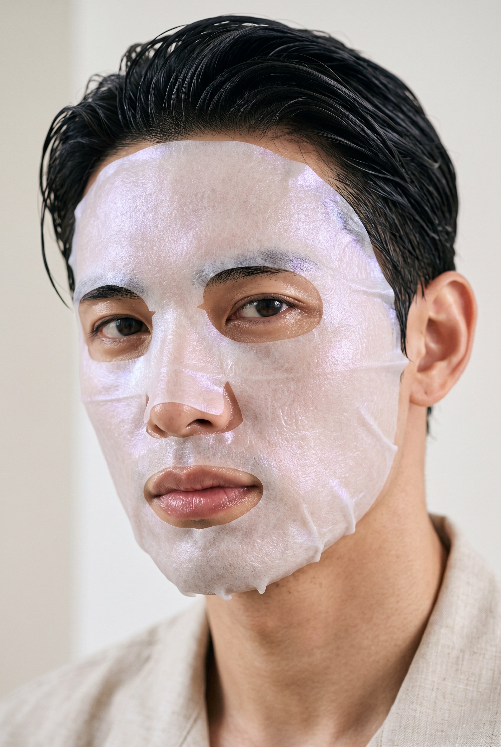 Man with slicked-back hair wearing an iridescent pearl sheet mask