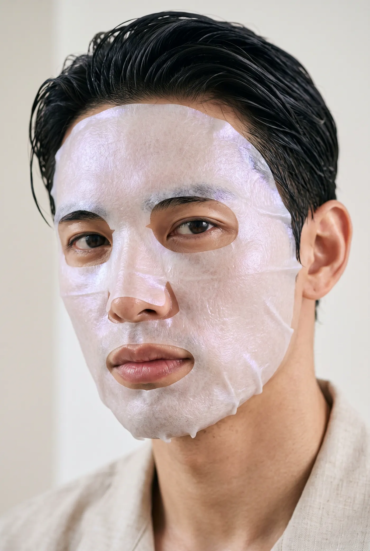 Man with slicked-back hair wearing an iridescent pearl sheet mask