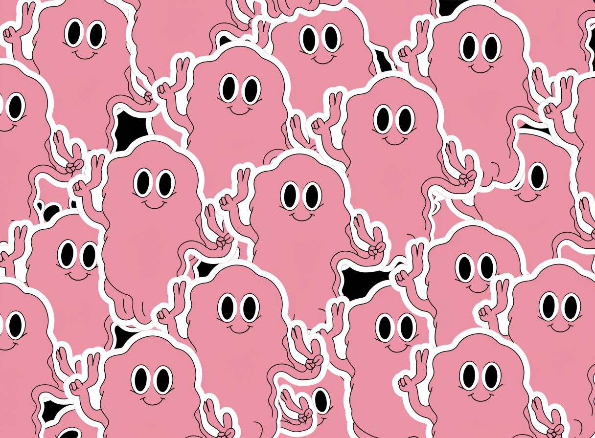 Pattern of pink blob characters with peace signs on black