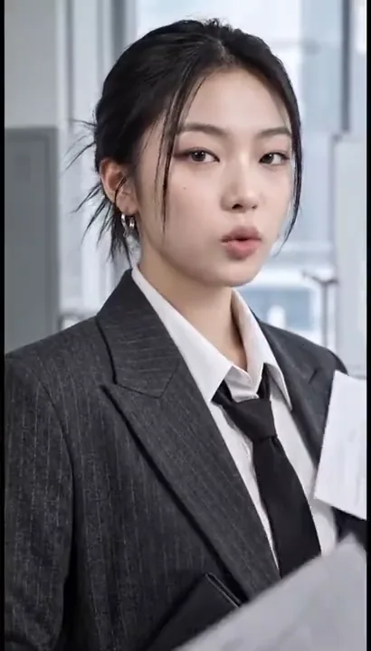 Woman in a pinstripe suit and loosened tie glancing sideways in a bright office