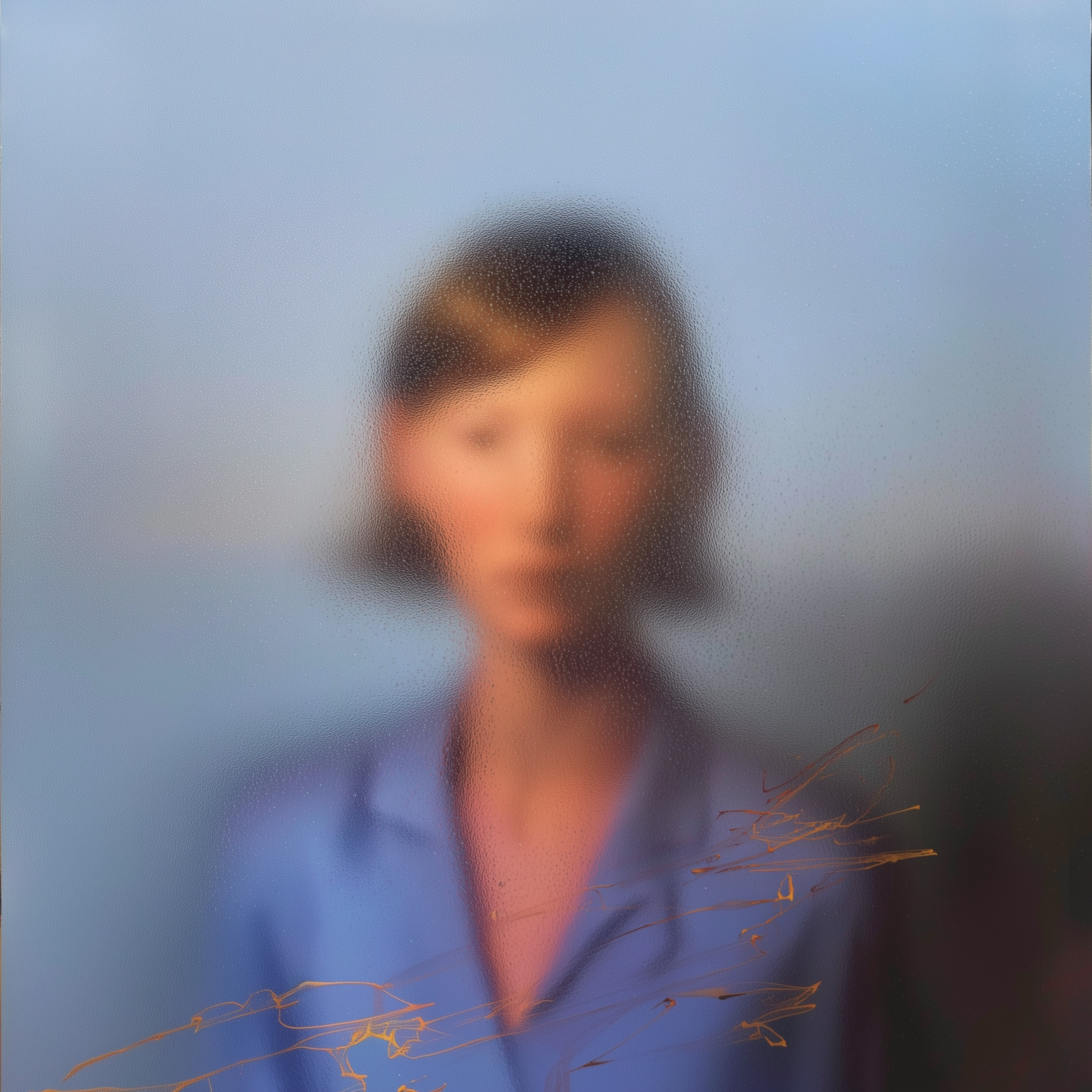 Woman's portrait blurred behind frosted glass with golden light