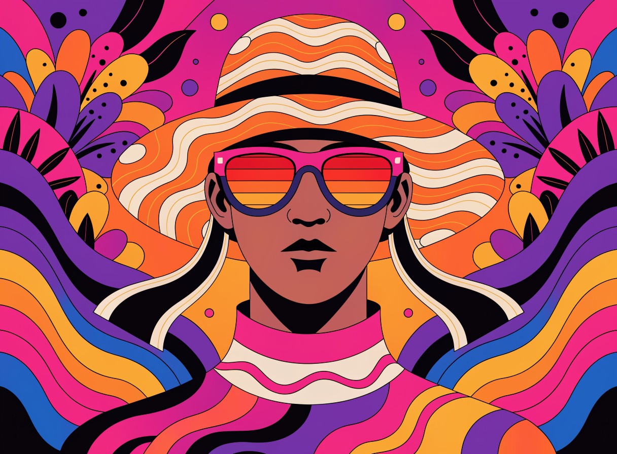 Psychedelic pink-orange illustration of a man in a boater hat
