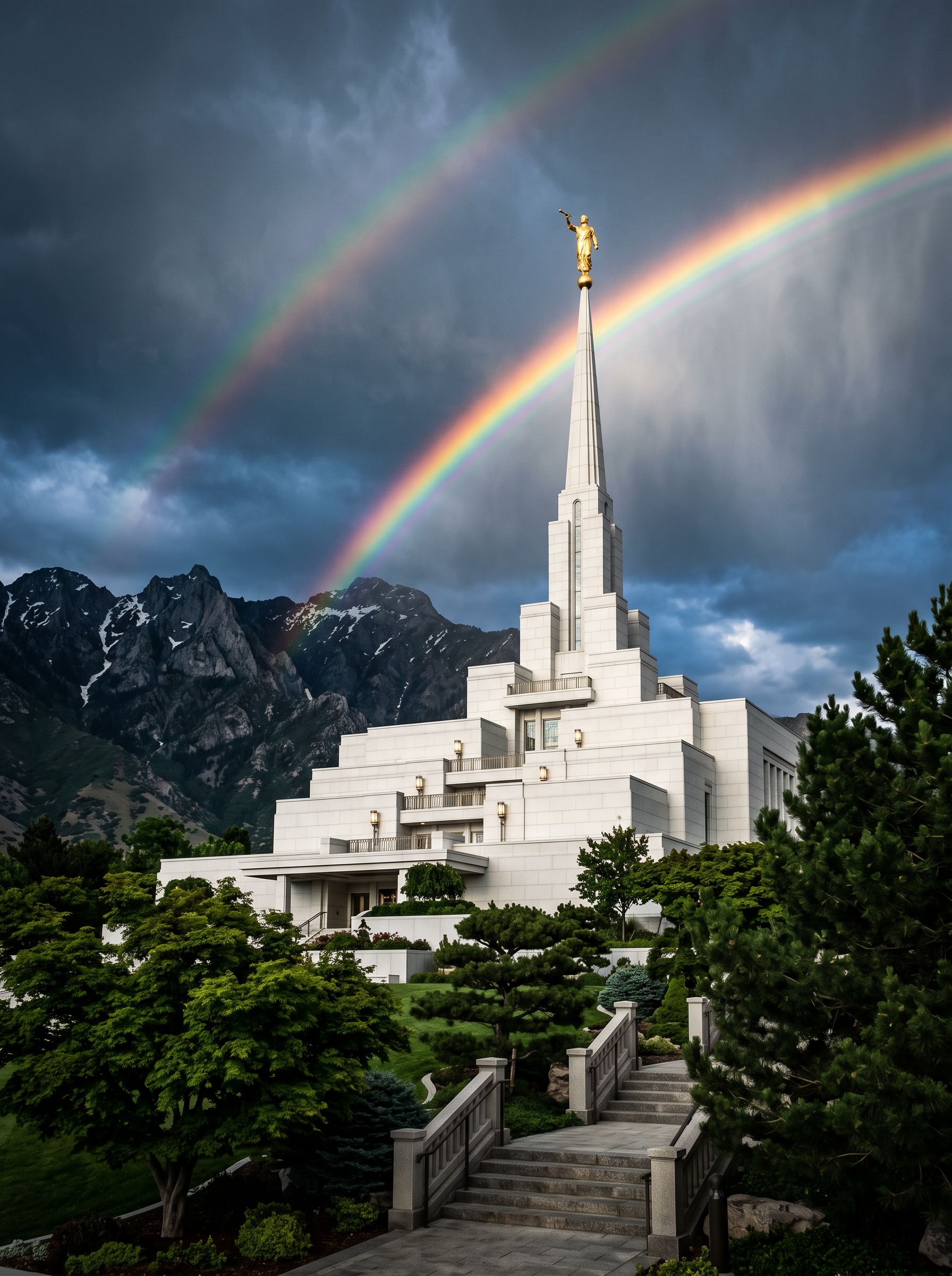 White modernist temple under a double rainbow and stormy mountains