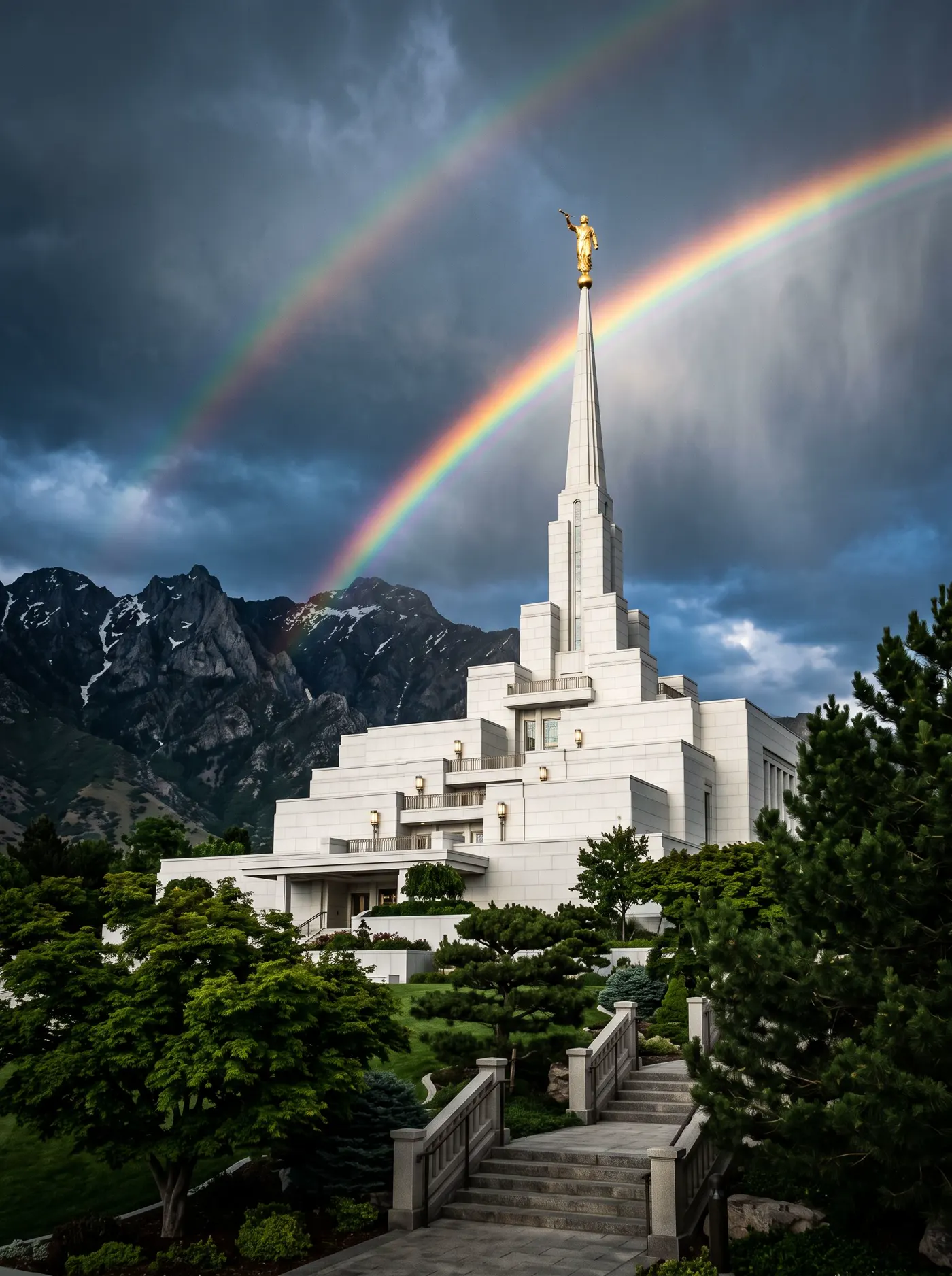 White modernist temple under a double rainbow and stormy mountains