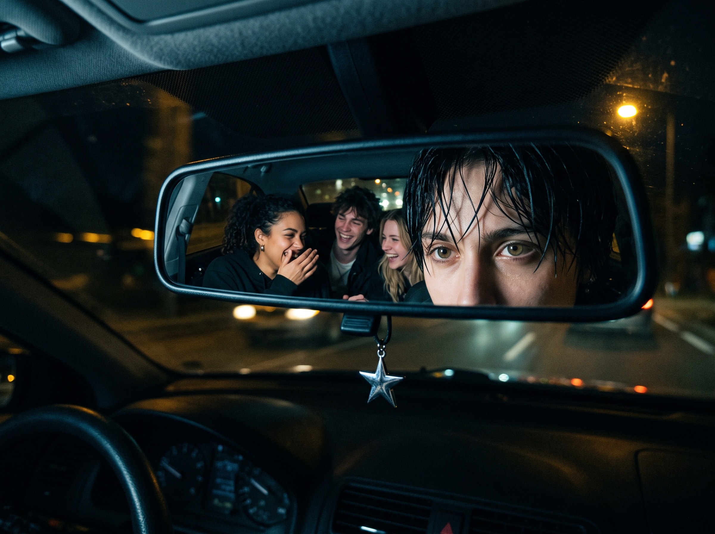 Driver's eyes and laughing friends reflected in a car's rearview mirror at night
