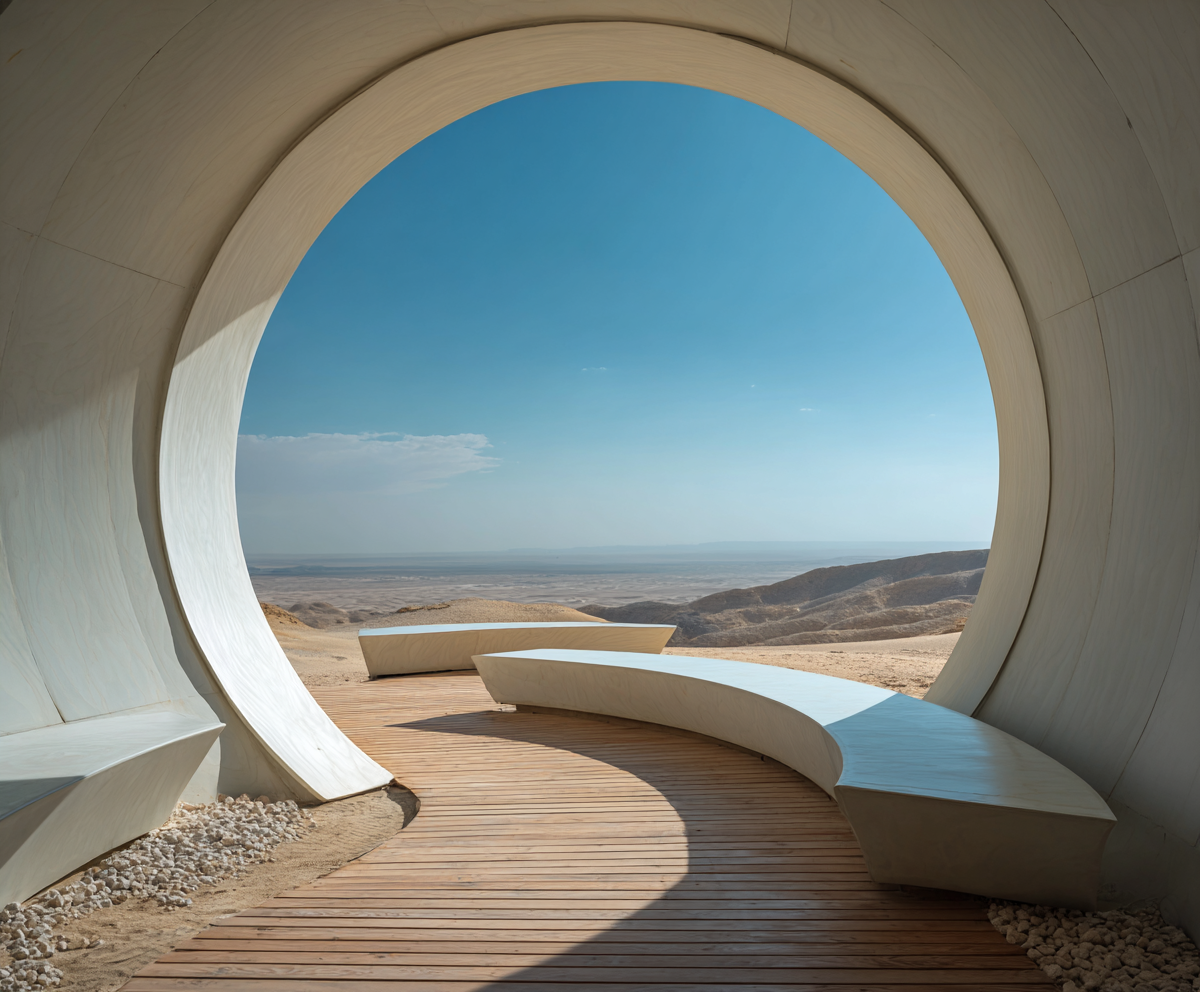 Curved white benches inside a round futuristic pavilion overlooking a desert