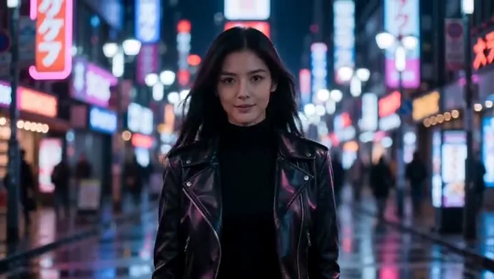 Woman in a leather jacket walking down a neon-lit street at night