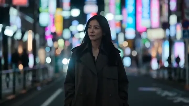 Woman in a trench coat standing on a neon street at night