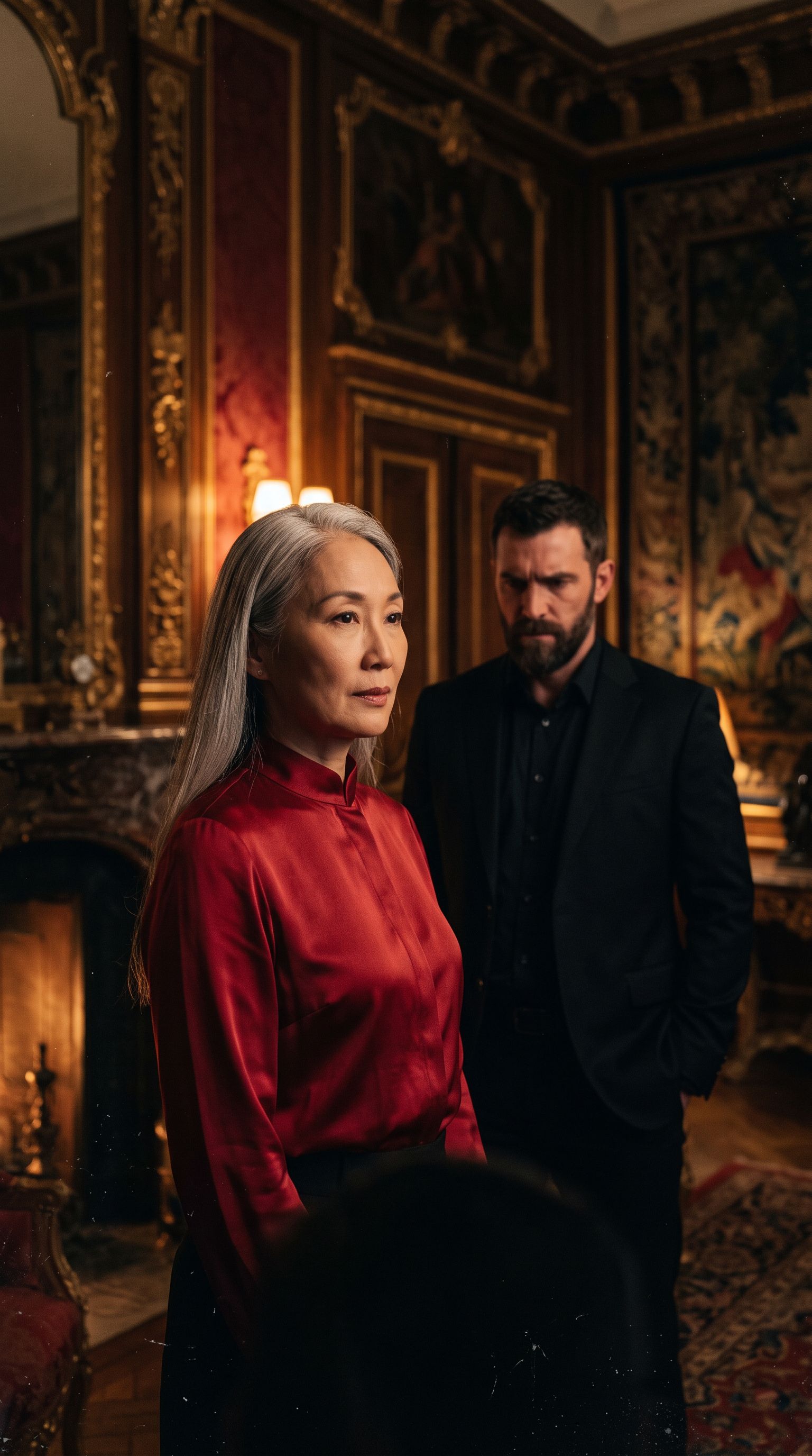Silver-haired woman in crimson silk in a baroque interior, cinematic still