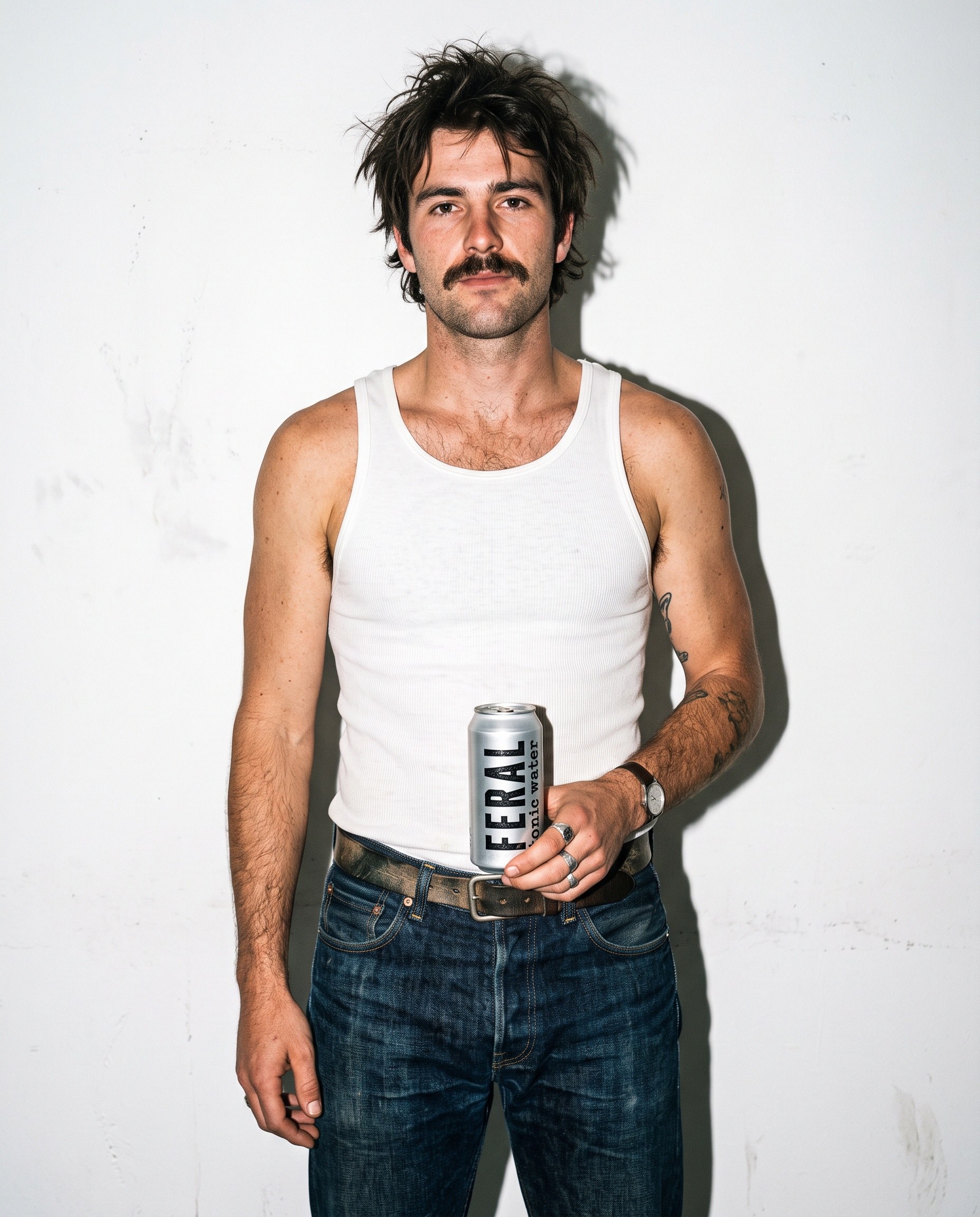 Mustached man in a white tank holding a silver FERAL tonic can, hard flash