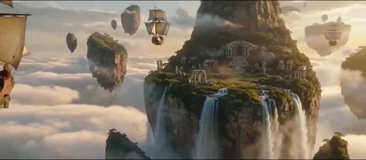 Floating islands with waterfalls and airships above a sea of clouds