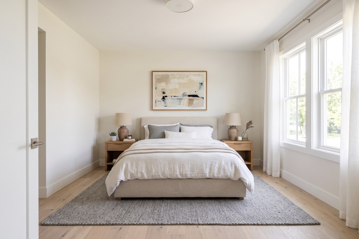 Staged bedroom with upholstered bed, oak nightstands and framed abstract art