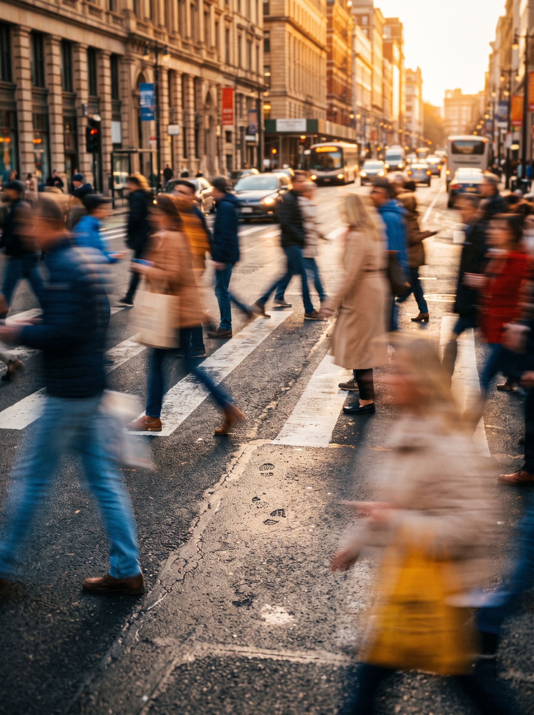 AI-generated motion-blurred crowd crossing a sunlit street