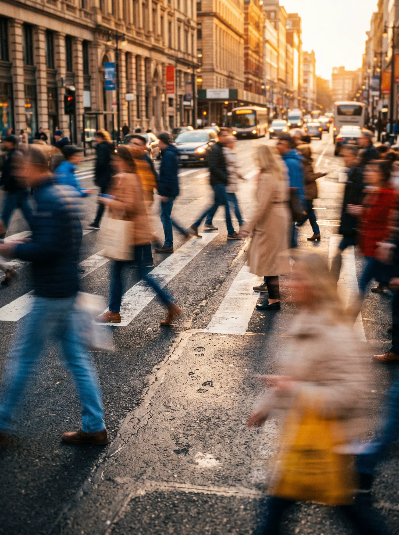 Motion-blurred crowd crossing a sunlit street