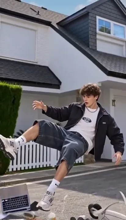 Young man tripping on a suburban driveway as a laptop and headphones tumble around him