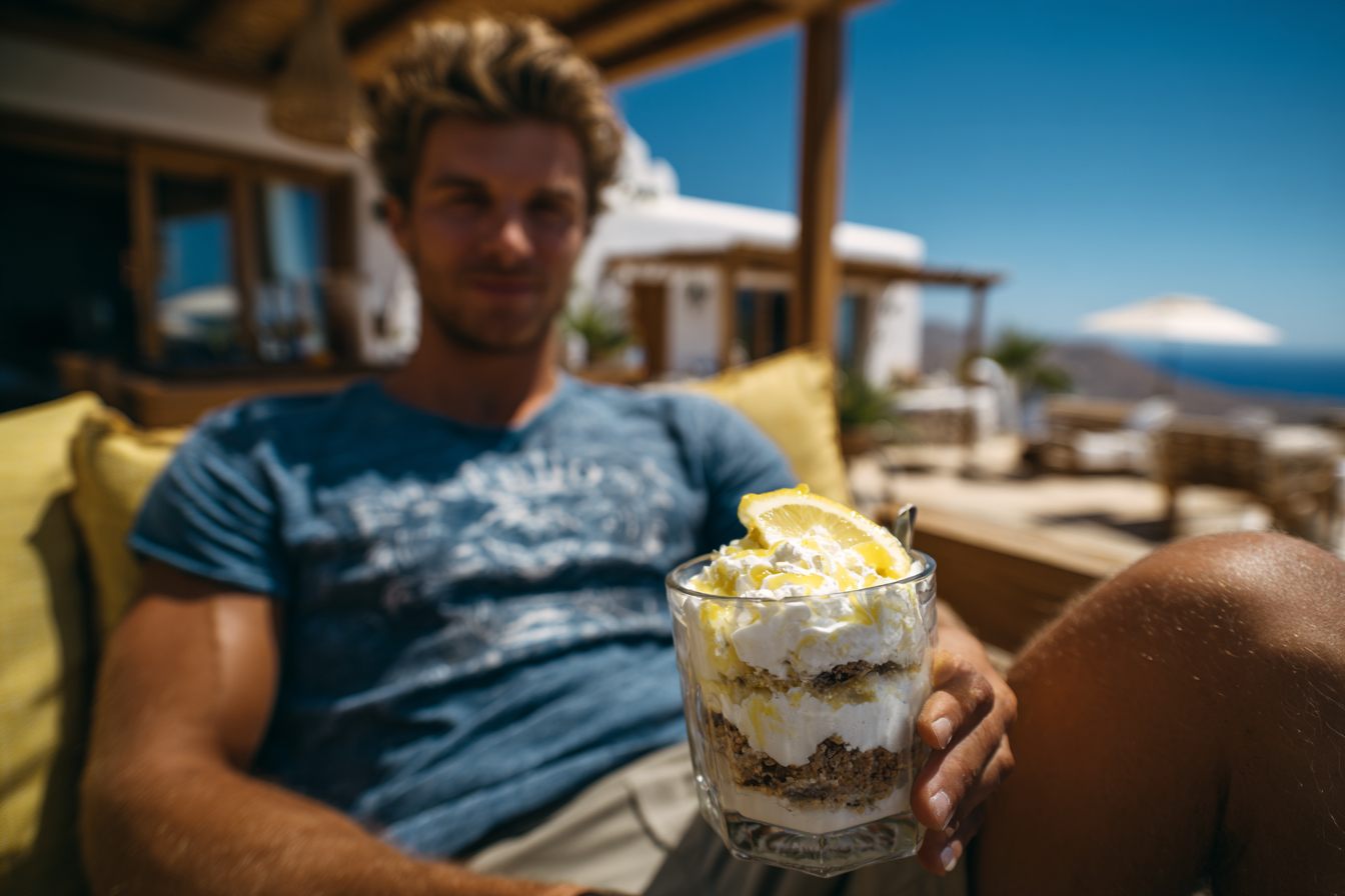 Man holding a lemon dessert glass on a sunny seaside terrace