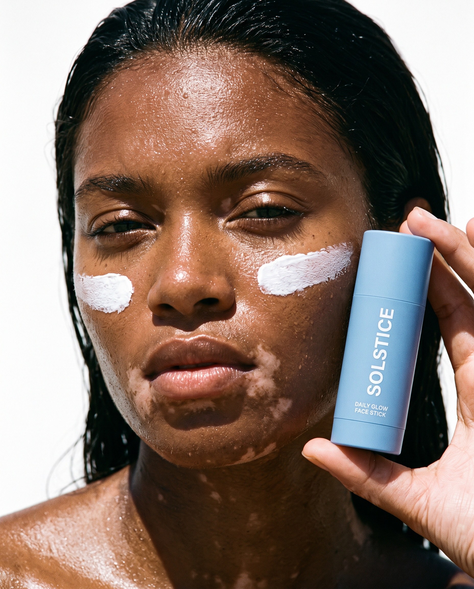 Model with vitiligo and sunscreen streaks holding a blue SOLSTICE face stick