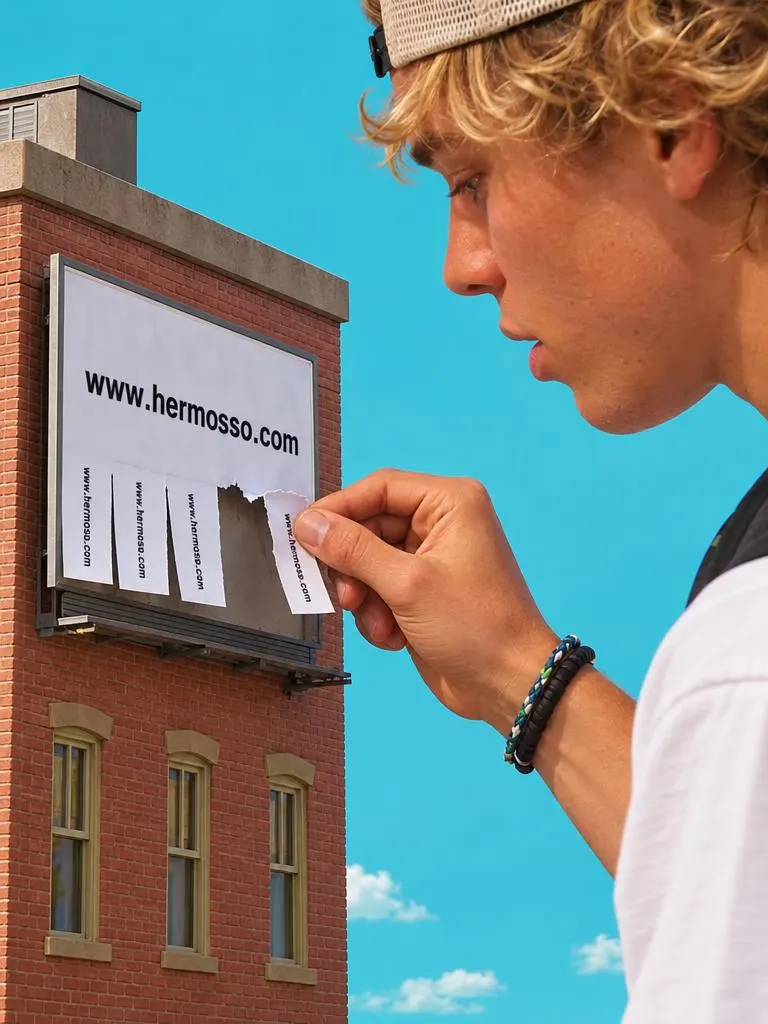 Giant man peeling a tear-off strip from a hermosso.com flyer billboard on a brick building