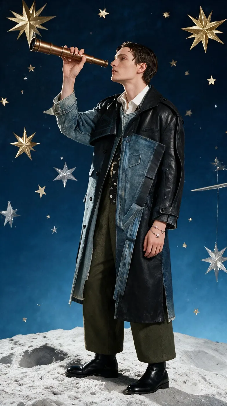 Man in a layered denim and leather coat looking through a brass telescope among golden stars