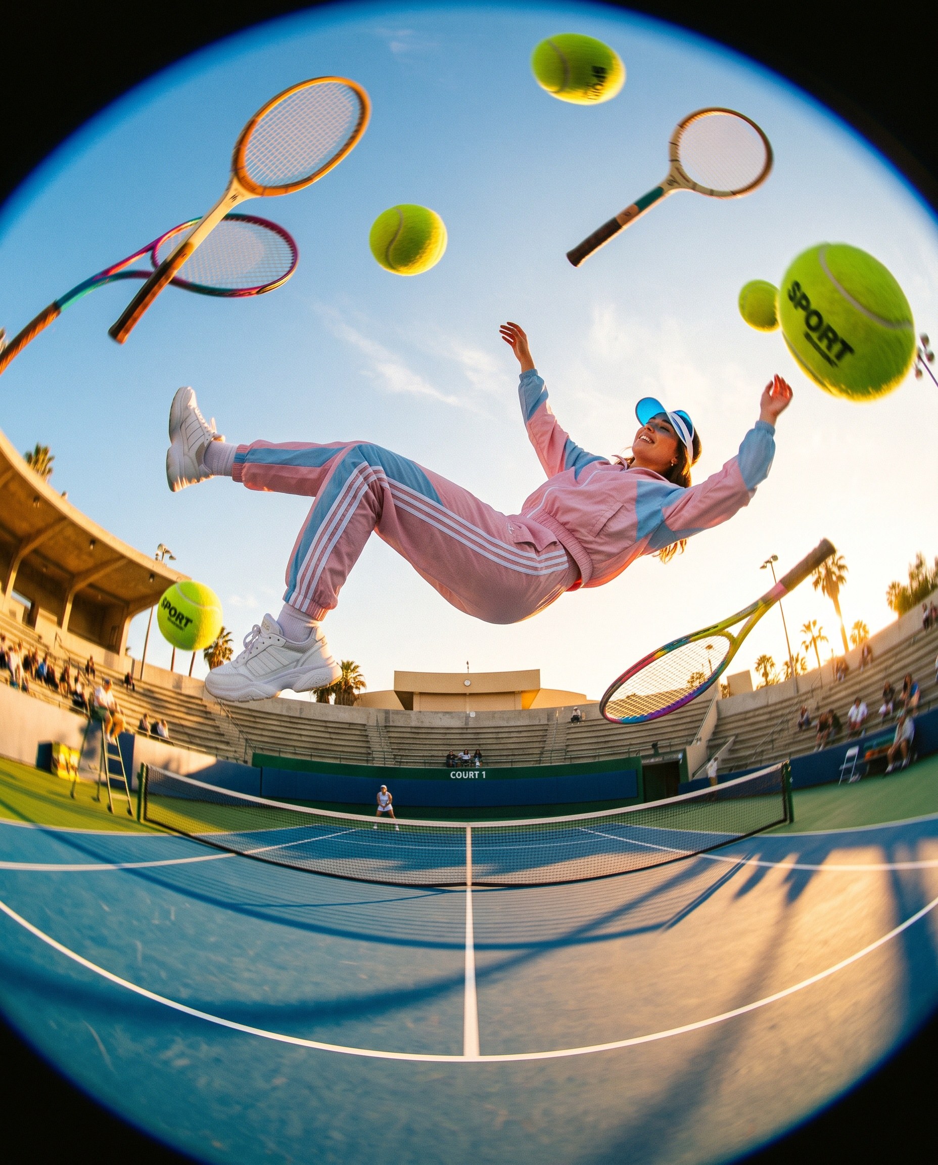 Model in a pastel tracksuit floating over a tennis court amid giant balls and rackets, fisheye