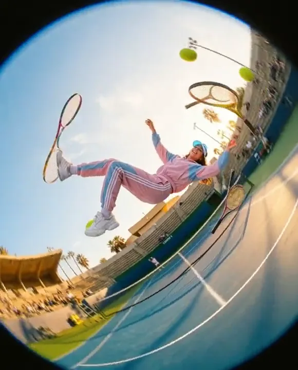 Model in a pastel tracksuit floating over a tennis court amid giant balls and rackets, fisheye