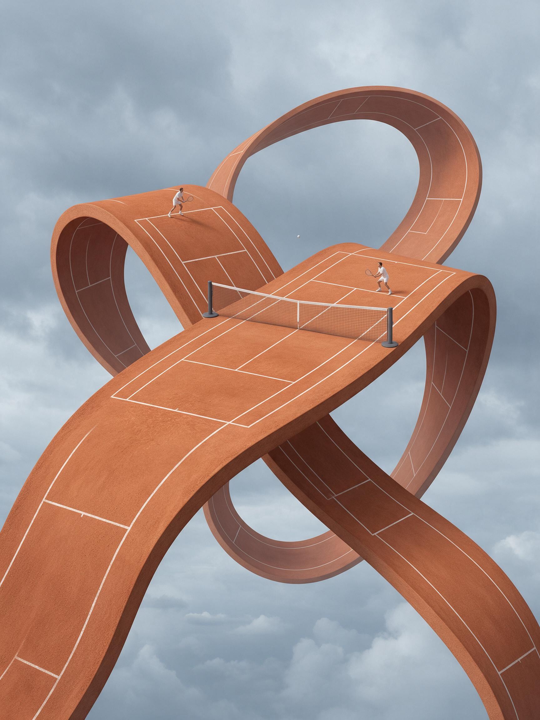 A terracotta tennis court ribbon looping impossibly through the sky with two tiny players