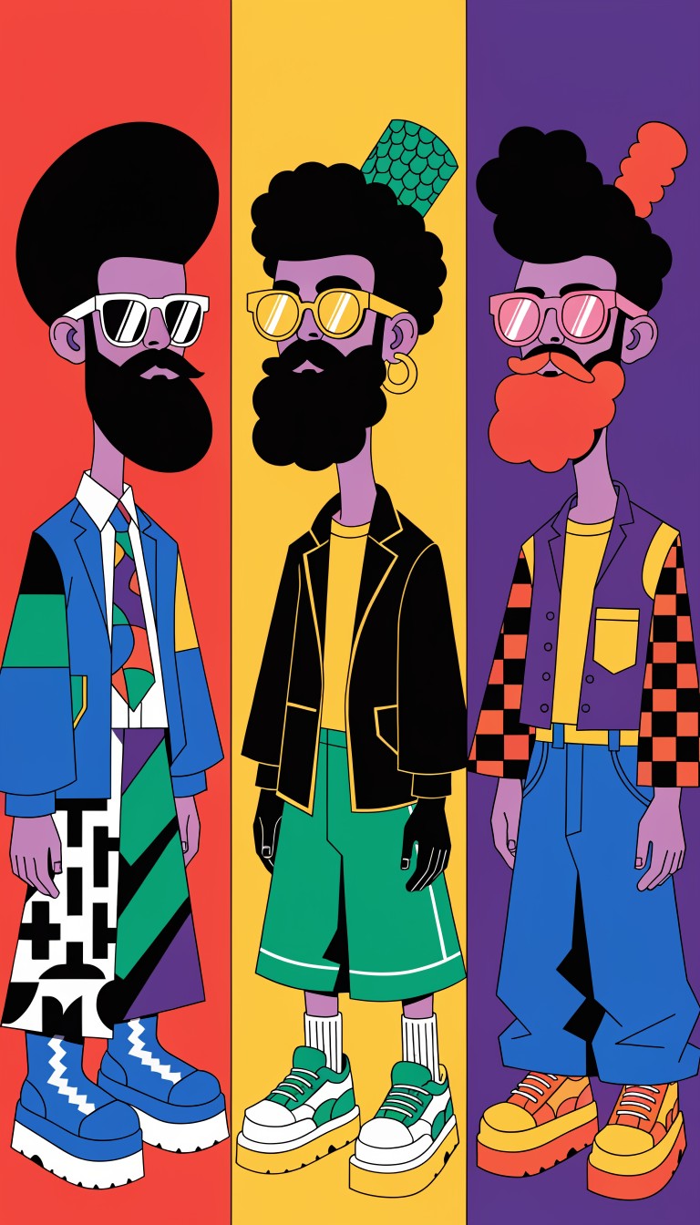 AI-generated stylized portraits of three men with bold sunglasses