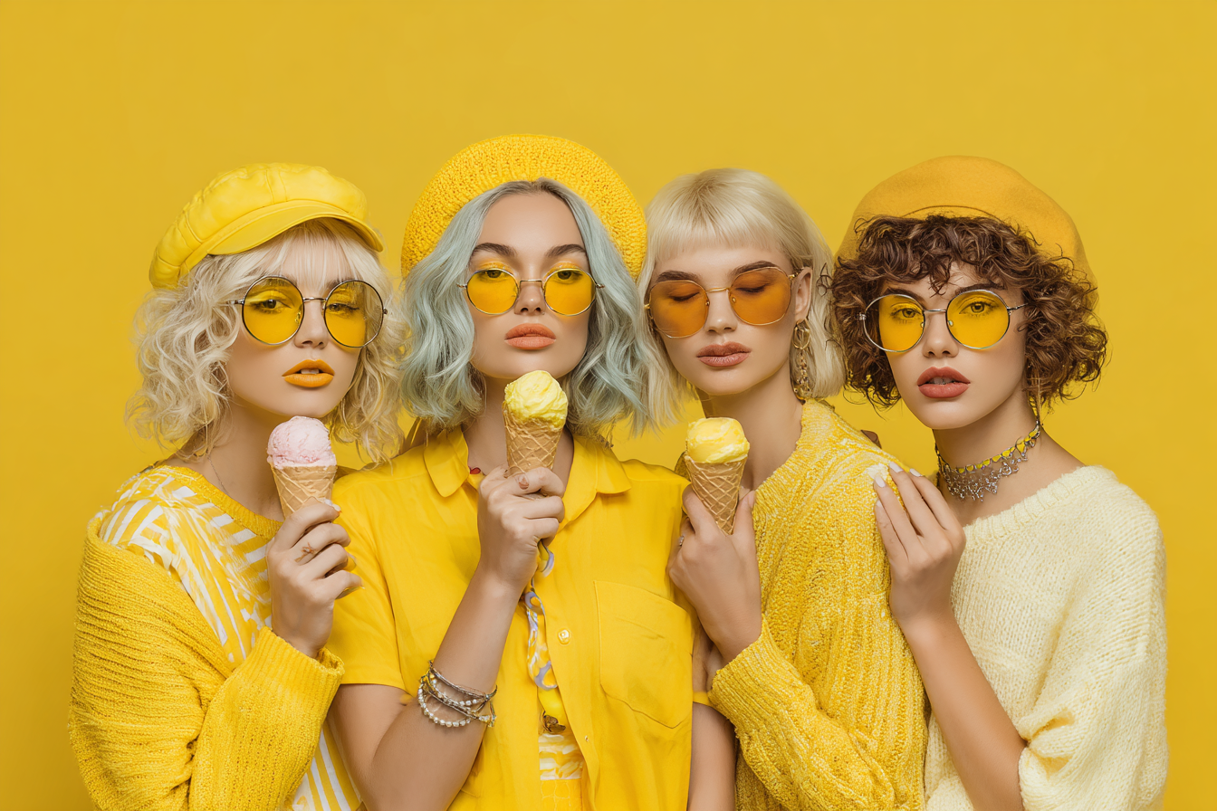 Four stylish young women in yellow holding ice cream cones