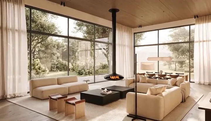 Living room with a suspended fireplace and floor-to-ceiling garden windows