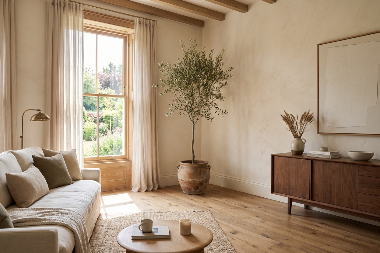 Warm minimalist living room with oak floor, linen sofa and olive tree by a sash window