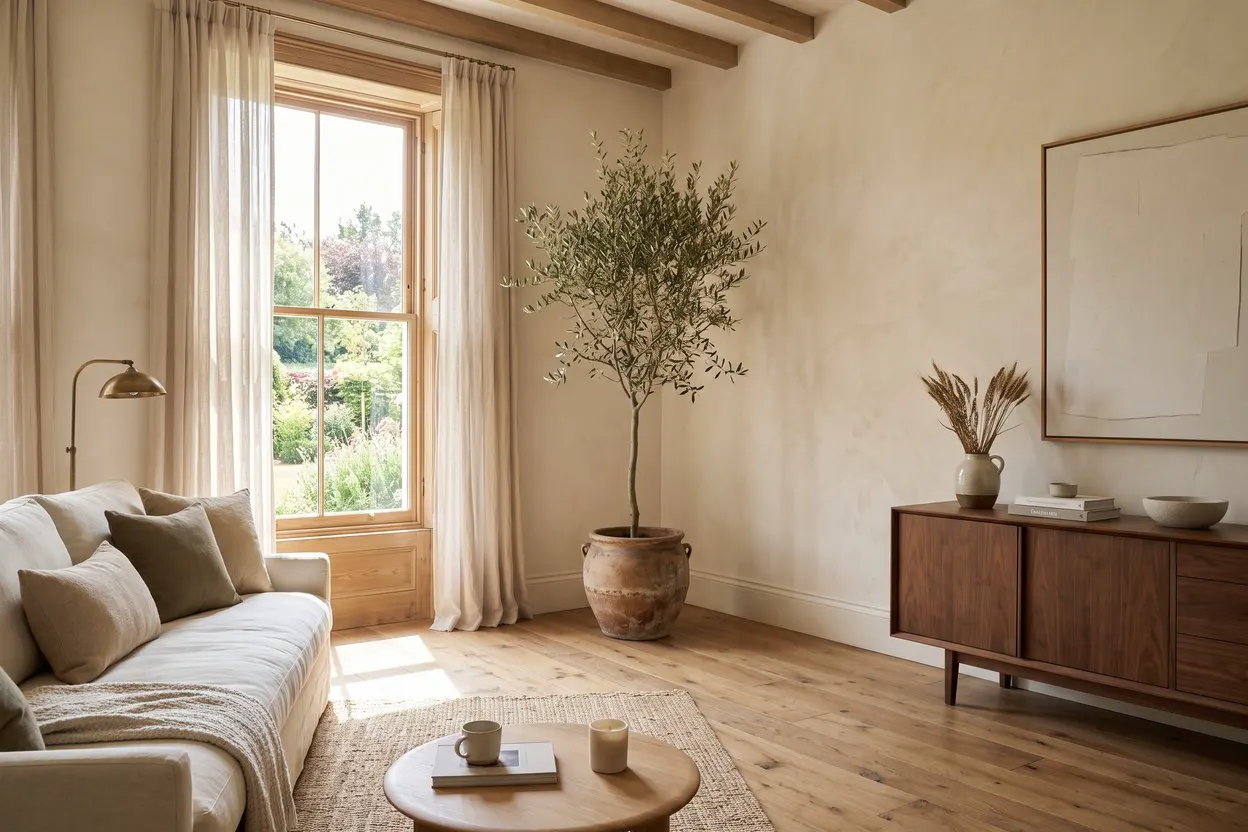 AI-generated warm minimalist living room with oak floor, linen sofa and limewash walls