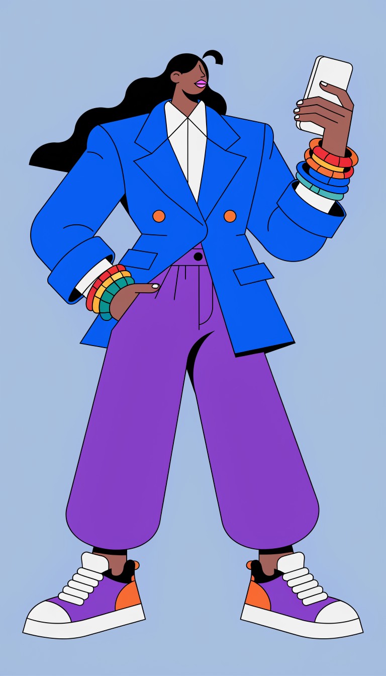 Flat vector woman in blue blazer holding a smartphone