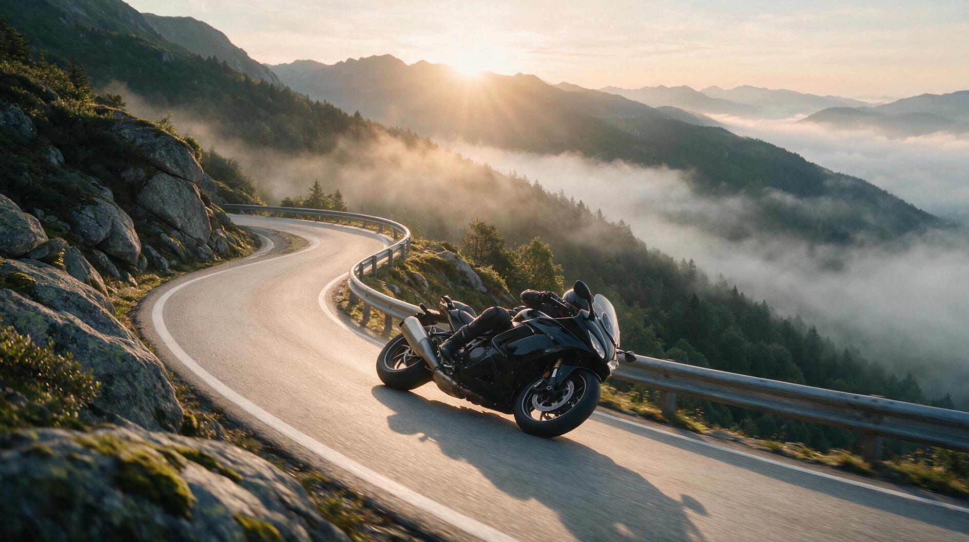 A clip generated with Kling 3 — a motorcycle leaning into a mountain switchback at sunrise