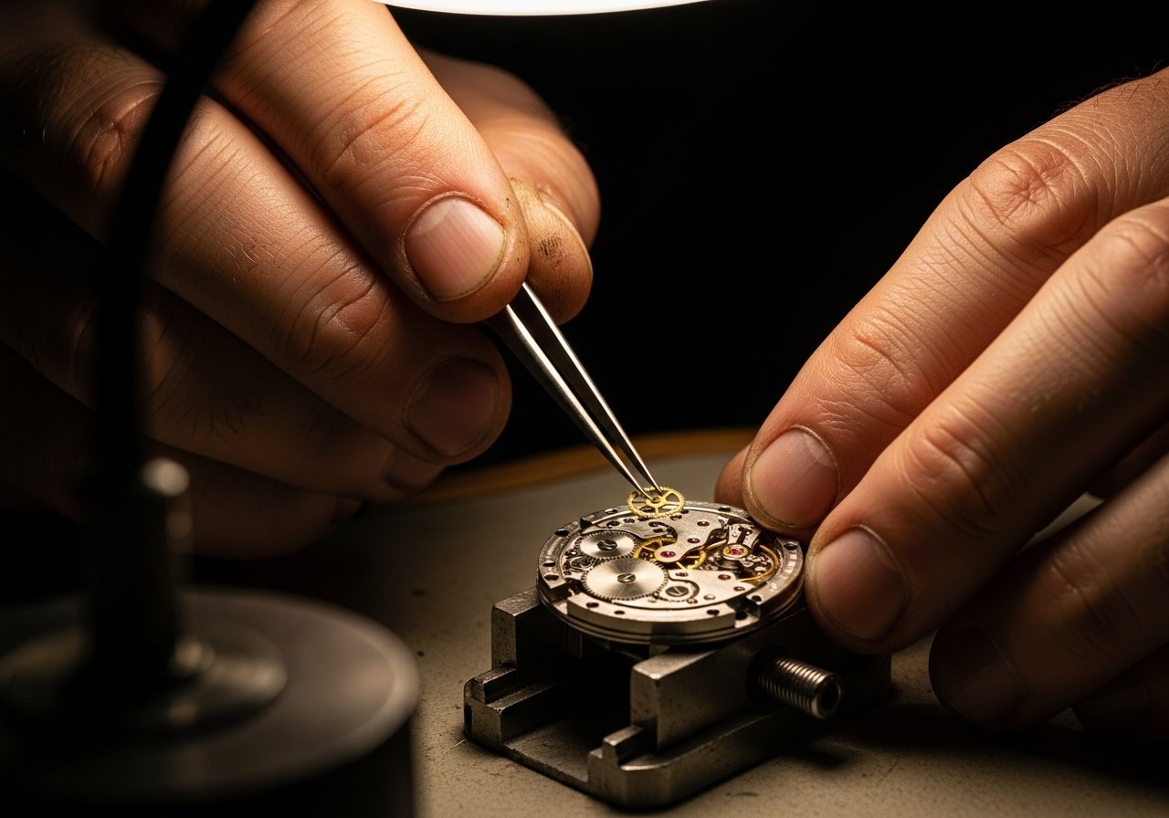 An image generated with Imagen 4 Ultra — a watchmaker's hands assembling a mechanical movement