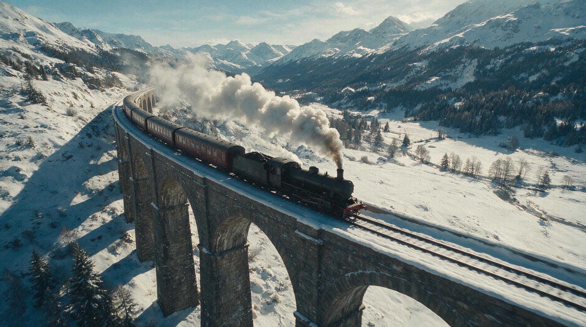 An LTX 2.5 frame — a steam train on a mountain viaduct