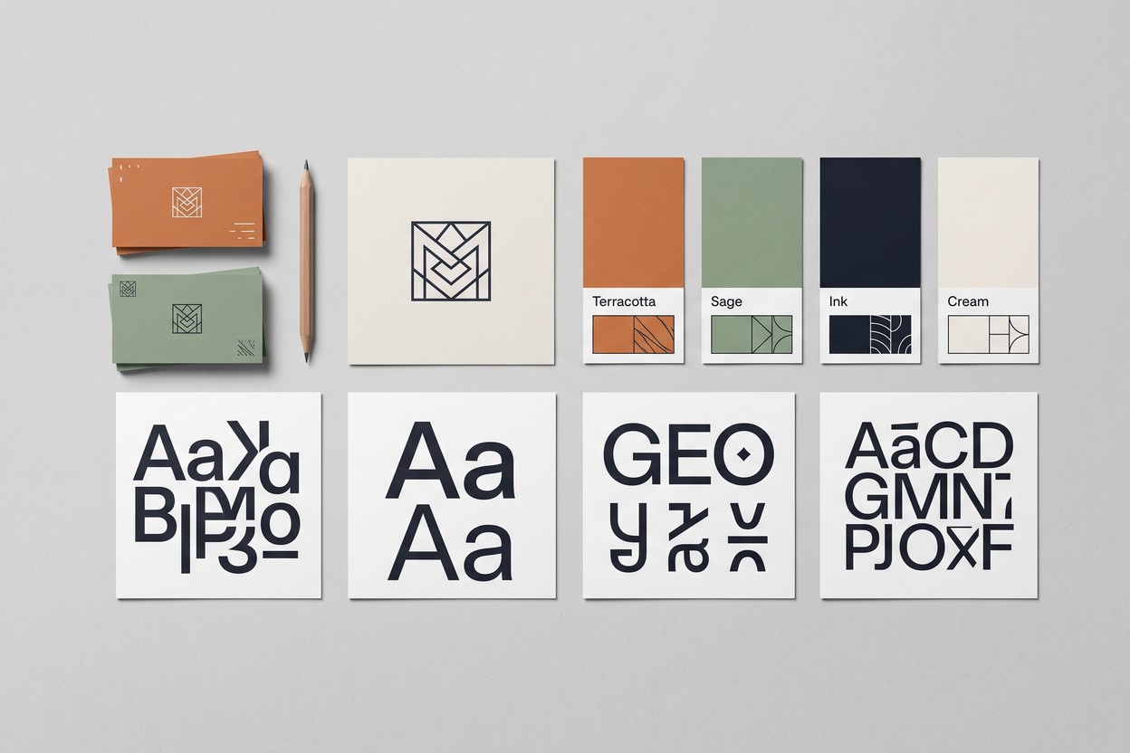 A brand-board flat-lay with a logo card, palette swatches and typography specimens, in Recraft V4's clean design aesthetic
